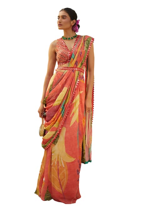 Basil Leaf_Peach Chiffon Sequins, Embroidery V-neck Printed Pre-draped Saree Set _at_Aza_Fashions