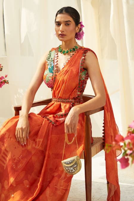 Shop Basil Leaf Orange Chiffon Embroidery, Sequins V-neck Flower Print Pre-draped Saree Set at Aza Fashions Shop_Basil Leaf_Orange Chiffon Embroidery, Sequins V-neck Flower Print Pre-draped Saree Set_at_Aza_Fashions