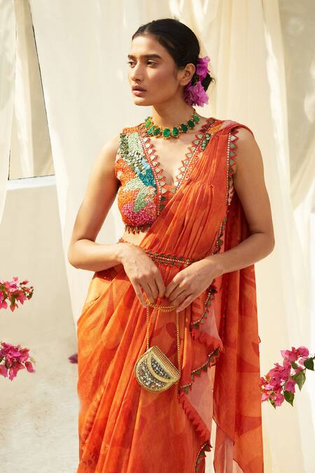 Basil Leaf Orange Chiffon Embroidery, Sequins V-neck Flower Print Pre-draped Saree Set Online at Aza Fashions Basil Leaf_Orange Chiffon Embroidery, Sequins V-neck Flower Print Pre-draped Saree Set_Online_at_Aza_Fashions