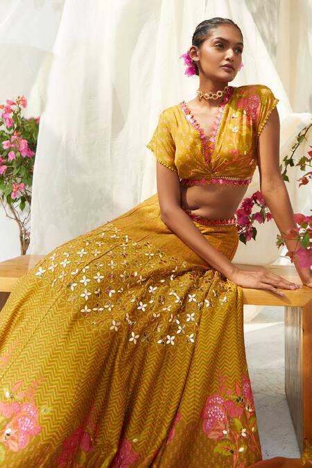 Basil Leaf_Green Organza, Chiffon, Tussar Embroidery, Chevron And Floral Print Lehenga Set_Online_at_Aza_Fashions