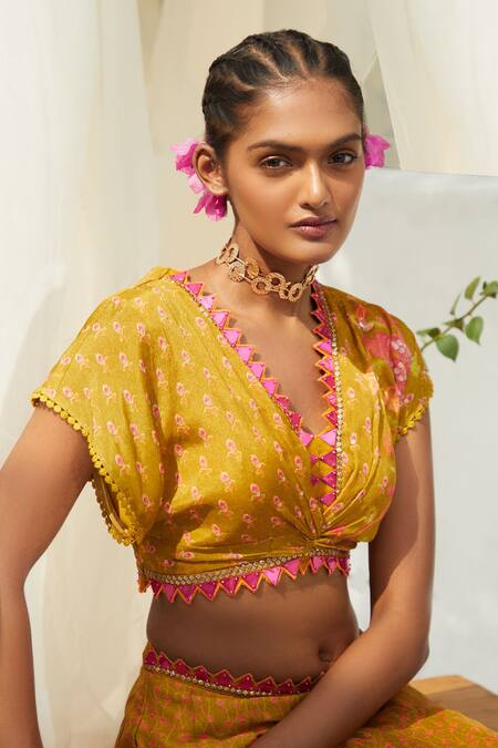 Buy_Basil Leaf_Green Organza, Chiffon, Tussar Embroidery, Chevron And Floral Print Lehenga Set_Online_at_Aza_Fashions