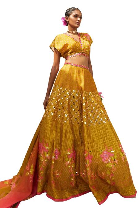 Shop_Basil Leaf_Green Organza, Chiffon, Tussar Embroidery, Chevron And Floral Print Lehenga Set_Online_at_Aza_Fashions