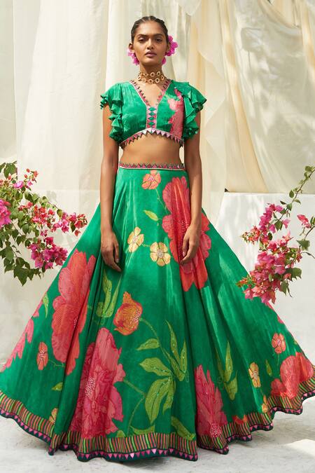 Buy_Basil Leaf_Green Organza, Crepe Beads V-neck Floral Bloom Print Lehenga Blouse Set_Online_at_Aza_Fashions