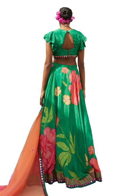 Shop_Basil Leaf_Green Organza, Crepe Beads V-neck Floral Bloom Print Lehenga Blouse Set_Online_at_Aza_Fashions