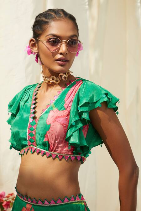 Basil Leaf_Green Organza, Crepe Beads V-neck Floral Bloom Print Lehenga Blouse Set_at_Aza_Fashions
