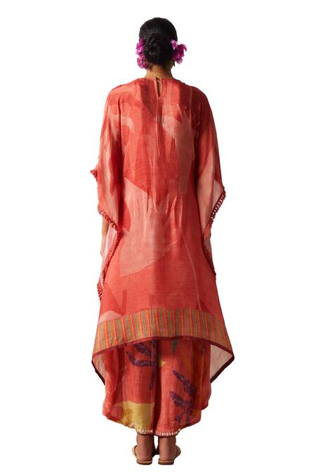 Basil Leaf Peach Chiffon Embroidery V-neck Abstract Print Tunic With Cowl Pant Online at Aza Fashions Basil Leaf_Peach Chiffon Embroidery V-neck Abstract Print Tunic With Cowl Pant_Online_at_Aza_Fashions