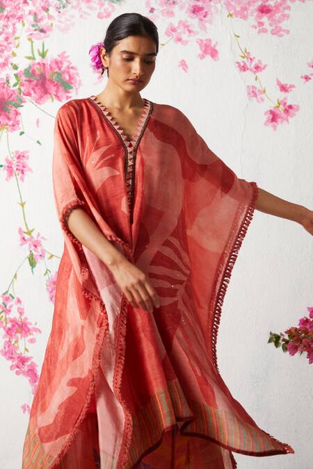 Buy Basil Leaf Peach Chiffon Embroidery V-neck Abstract Print Tunic With Cowl Pant Online at Aza Fashions Buy_Basil Leaf_Peach Chiffon Embroidery V-neck Abstract Print Tunic With Cowl Pant_Online_at_Aza_Fashions