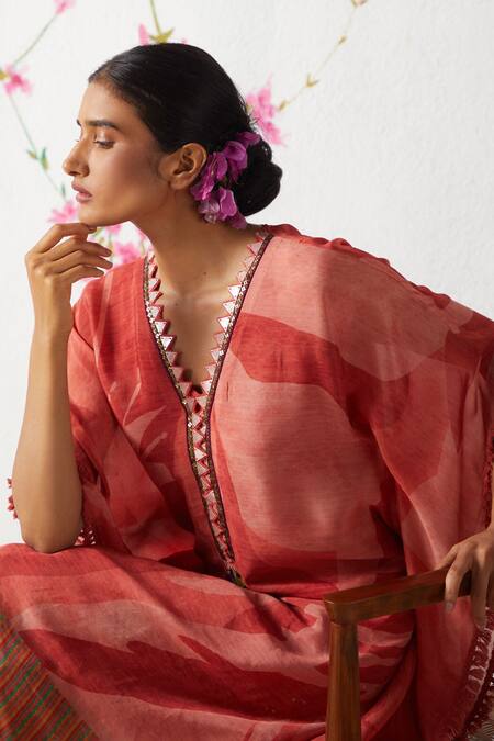 Shop Basil Leaf Peach Chiffon Embroidery V-neck Abstract Print Tunic With Cowl Pant Online at Aza Fashions Shop_Basil Leaf_Peach Chiffon Embroidery V-neck Abstract Print Tunic With Cowl Pant_Online_at_Aza_Fashions