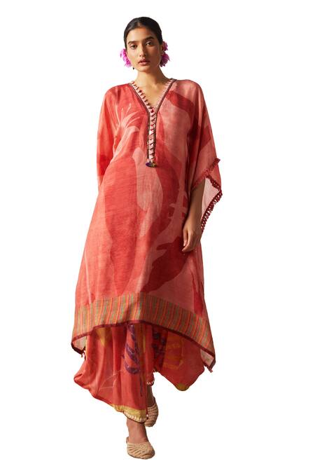 Basil Leaf Peach Chiffon Embroidery V-neck Abstract Print Tunic With Cowl Pant at Aza Fashions Basil Leaf_Peach Chiffon Embroidery V-neck Abstract Print Tunic With Cowl Pant_at_Aza_Fashions