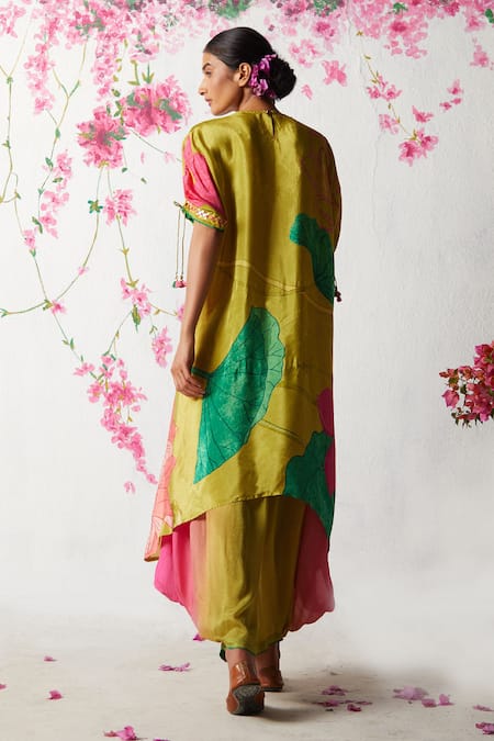 Shop Basil Leaf Green Chiffon Embroidery V-neck Floral Print Tunic With Cowl Pant at Aza Fashions Shop_Basil Leaf_Green Chiffon Embroidery V-neck Floral Print Tunic With Cowl Pant _at_Aza_Fashions