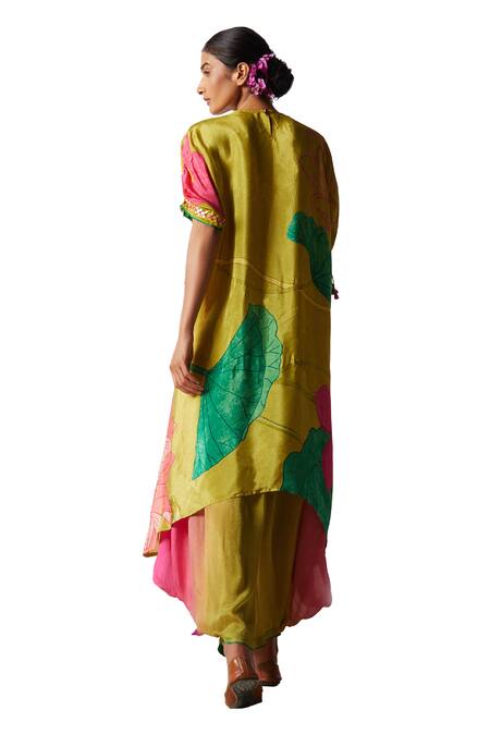 Basil Leaf Green Chiffon Embroidery V-neck Floral Print Tunic With Cowl Pant Online at Aza Fashions Basil Leaf_Green Chiffon Embroidery V-neck Floral Print Tunic With Cowl Pant _Online_at_Aza_Fashions