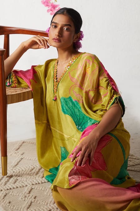 Buy Basil Leaf Green Chiffon Embroidery V-neck Floral Print Tunic With Cowl Pant Online at Aza Fashions Buy_Basil Leaf_Green Chiffon Embroidery V-neck Floral Print Tunic With Cowl Pant _Online_at_Aza_Fashions