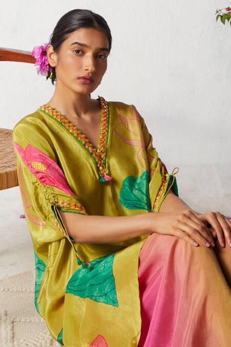 Shop Basil Leaf Green Chiffon Embroidery V-neck Floral Print Tunic With Cowl Pant Online at Aza Fashions Shop_Basil Leaf_Green Chiffon Embroidery V-neck Floral Print Tunic With Cowl Pant _Online_at_Aza_Fashions