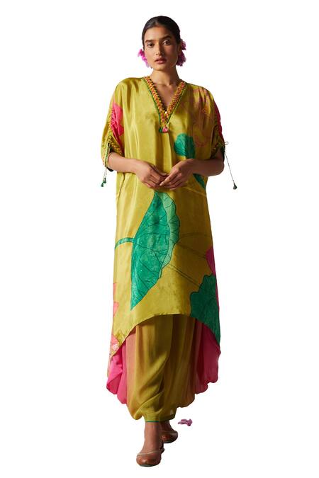 Basil Leaf Green Chiffon Embroidery V-neck Floral Print Tunic With Cowl Pant at Aza Fashions Basil Leaf_Green Chiffon Embroidery V-neck Floral Print Tunic With Cowl Pant _at_Aza_Fashions