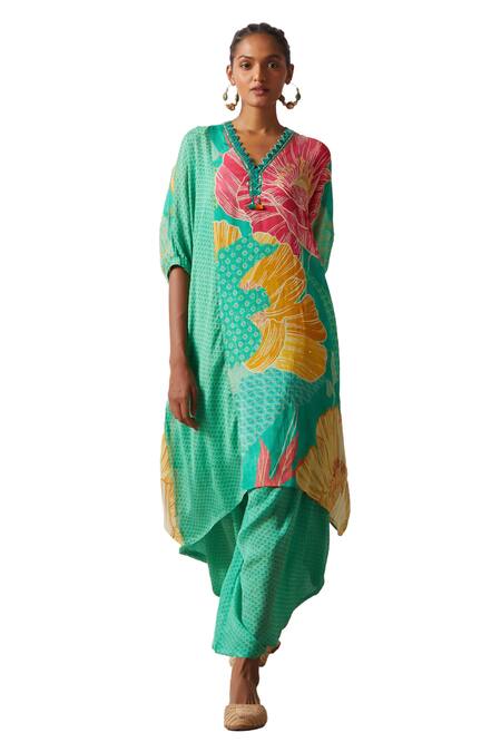 Buy Basil Leaf Green Chiffon Embroidery V-neck Flower Bloom Print Kurta With Pant Buy_Basil Leaf_Green Chiffon Embroidery V-neck Flower Bloom Print Kurta With Pant