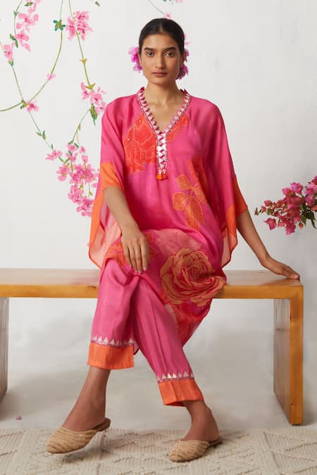 Buy_Basil Leaf_Pink Chiffon Embroidery V-neck Rose Bloom Print Kaftan With Pant_Online_at_Aza_Fashions