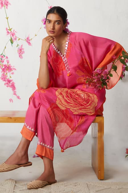 Shop_Basil Leaf_Pink Chiffon Embroidery V-neck Rose Bloom Print Kaftan With Pant_Online_at_Aza_Fashions
