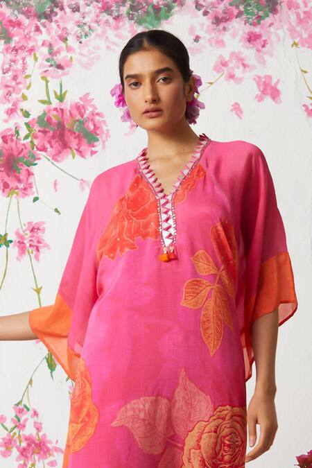 Buy_Basil Leaf_Pink Chiffon Embroidery V-neck Rose Bloom Print Kaftan With Pant