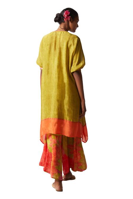 Buy Basil Leaf Green Chiffon Sequins Split V-neck Straight Kurta With Floral Print Cowl Pant Online at Aza Fashions Buy_Basil Leaf_Green Chiffon Sequins Split V-neck Straight Kurta With Floral Print Cowl Pant _Online_at_Aza_Fashions