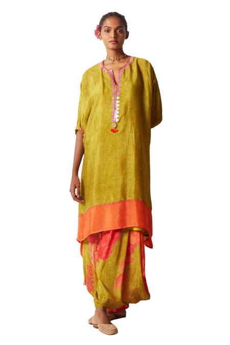 Buy Basil Leaf Green Chiffon Sequins Split V-neck Straight Kurta With Floral Print Cowl Pant Buy_Basil Leaf_Green Chiffon Sequins Split V-neck Straight Kurta With Floral Print Cowl Pant