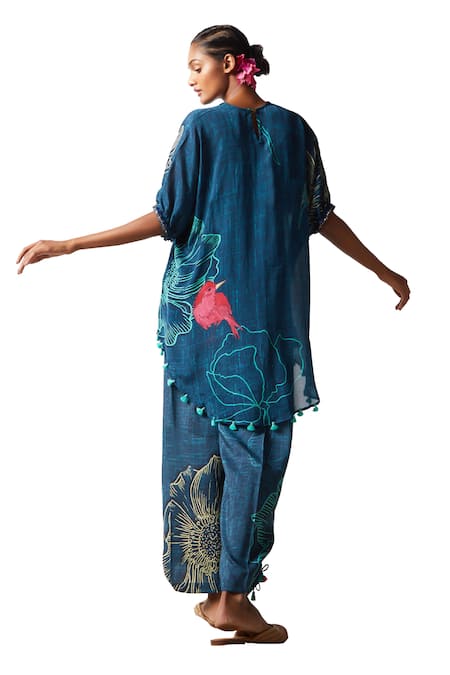 Buy Basil Leaf Blue Chiffon Tassels V-neck Flower Bloom Print Kaftan With Pant Online at Aza Fashions Buy_Basil Leaf_Blue Chiffon Tassels V-neck Flower Bloom Print Kaftan With Pant _Online_at_Aza_Fashions