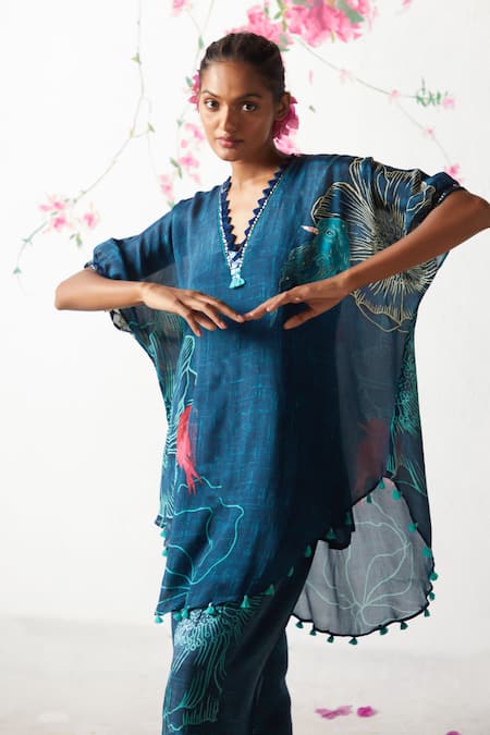 Shop Basil Leaf Blue Chiffon Tassels V-neck Flower Bloom Print Kaftan With Pant Online at Aza Fashions Shop_Basil Leaf_Blue Chiffon Tassels V-neck Flower Bloom Print Kaftan With Pant _Online_at_Aza_Fashions