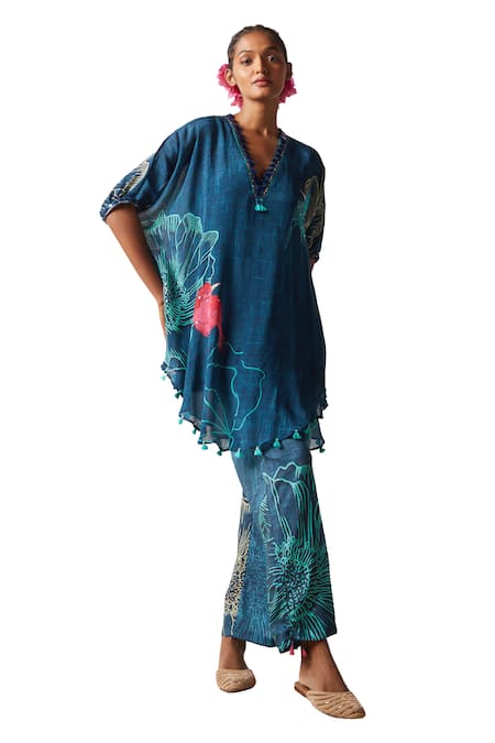 Buy Basil Leaf Blue Chiffon Tassels V-neck Flower Bloom Print Kaftan With Pant Buy_Basil Leaf_Blue Chiffon Tassels V-neck Flower Bloom Print Kaftan With Pant