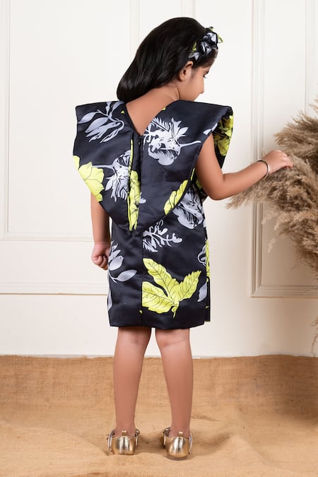 Shop Lil Angels Black Silk, Cotton Floral Print Short Dress at Aza Fashions Shop_Lil Angels_Black Silk, Cotton Floral Print Short Dress _at_Aza_Fashions