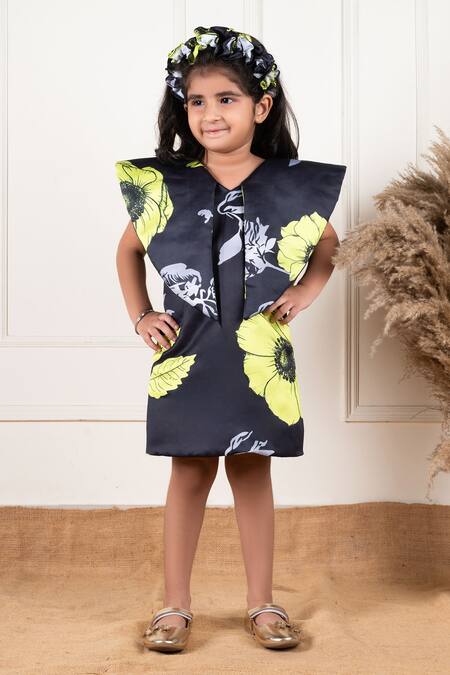 Lil Angels Black Silk, Cotton Floral Print Short Dress Online at Aza Fashions Lil Angels_Black Silk, Cotton Floral Print Short Dress _Online_at_Aza_Fashions