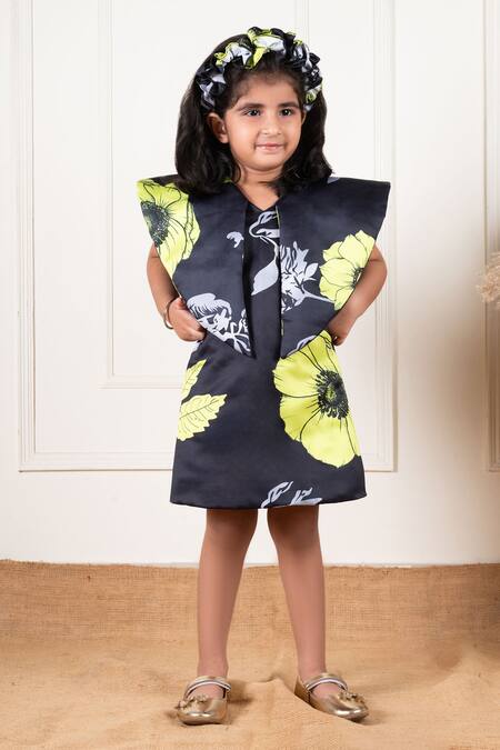 Buy Lil Angels Black Silk, Cotton Floral Print Short Dress Online at Aza Fashions Buy_Lil Angels_Black Silk, Cotton Floral Print Short Dress _Online_at_Aza_Fashions