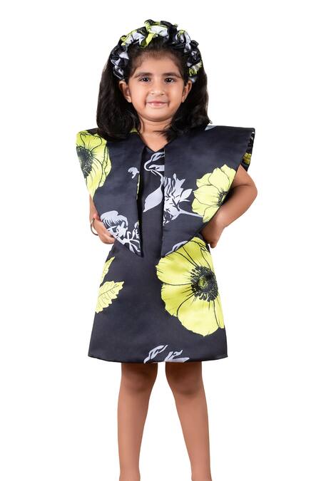 Shop Lil Angels Black Silk, Cotton Floral Print Short Dress Online at Aza Fashions Shop_Lil Angels_Black Silk, Cotton Floral Print Short Dress _Online_at_Aza_Fashions