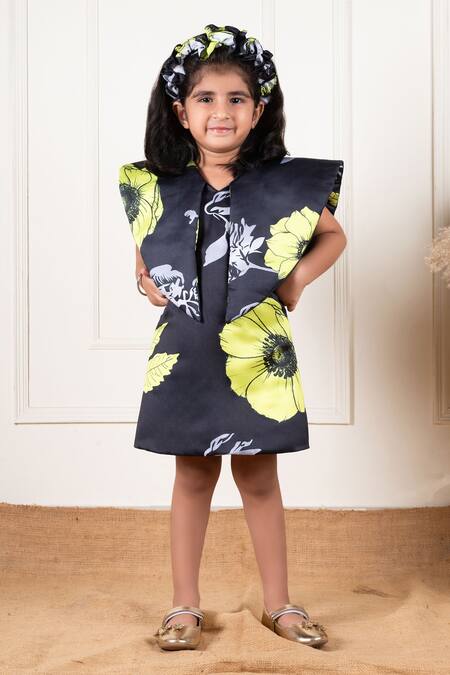 Lil Angels Black Silk, Cotton Floral Print Short Dress at Aza Fashions Lil Angels_Black Silk, Cotton Floral Print Short Dress _at_Aza_Fashions