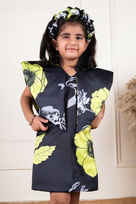 Buy Lil Angels Black Silk, Cotton Floral Print Short Dress Buy_Lil Angels_Black Silk, Cotton Floral Print Short Dress