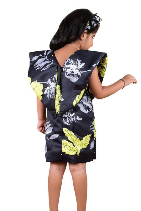 Shop Lil Angels Black Silk, Cotton Floral Print Short Dress Shop_Lil Angels_Black Silk, Cotton Floral Print Short Dress