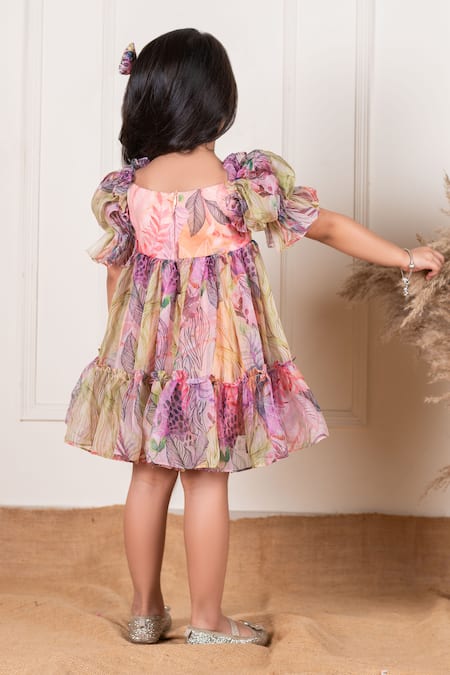 Shop Lil Angels Multi Color Organza, Cotton Boho Leaf Patter Tiered Frock at Aza Fashions Shop_Lil Angels_Multi Color Organza, Cotton Boho Leaf Patter Tiered Frock _at_Aza_Fashions