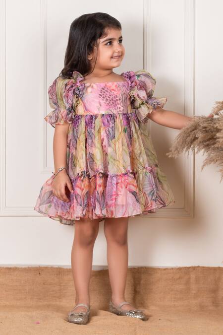 Lil Angels Multi Color Organza, Cotton Boho Leaf Patter Tiered Frock Online at Aza Fashions Lil Angels_Multi Color Organza, Cotton Boho Leaf Patter Tiered Frock _Online_at_Aza_Fashions