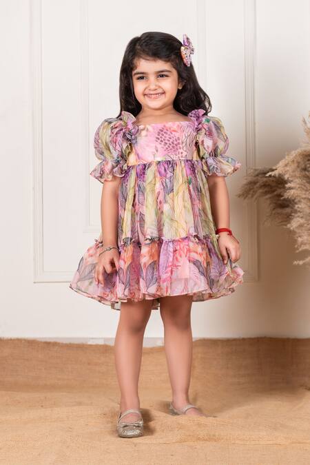 Buy Lil Angels Multi Color Organza, Cotton Boho Leaf Patter Tiered Frock Online at Aza Fashions Buy_Lil Angels_Multi Color Organza, Cotton Boho Leaf Patter Tiered Frock _Online_at_Aza_Fashions