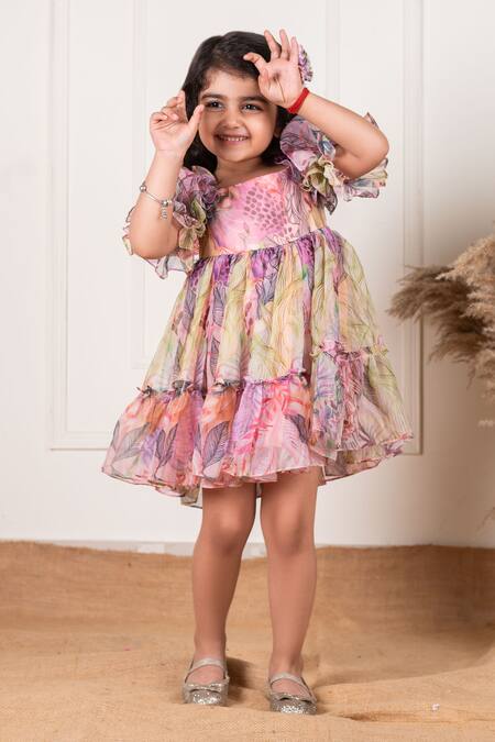 Shop Lil Angels Multi Color Organza, Cotton Boho Leaf Patter Tiered Frock Online at Aza Fashions Shop_Lil Angels_Multi Color Organza, Cotton Boho Leaf Patter Tiered Frock _Online_at_Aza_Fashions
