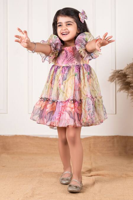 Lil Angels Multi Color Organza, Cotton Boho Leaf Patter Tiered Frock at Aza Fashions Lil Angels_Multi Color Organza, Cotton Boho Leaf Patter Tiered Frock _at_Aza_Fashions