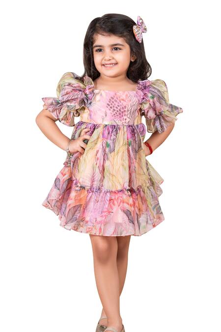 Buy Lil Angels Multi Color Organza, Cotton Boho Leaf Patter Tiered Frock Buy_Lil Angels_Multi Color Organza, Cotton Boho Leaf Patter Tiered Frock