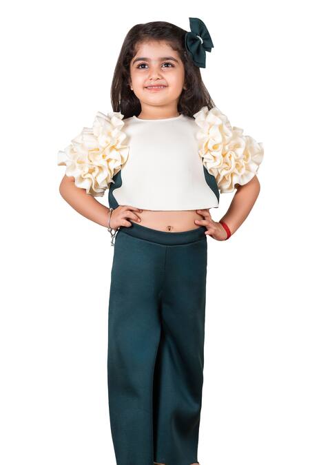 Lil Angels Off White Polyester, Neoprene Frill Sleeve Top Pant Set Online at Aza Fashions Lil Angels_Off White Polyester, Neoprene Frill Sleeve Top Pant Set _Online_at_Aza_Fashions