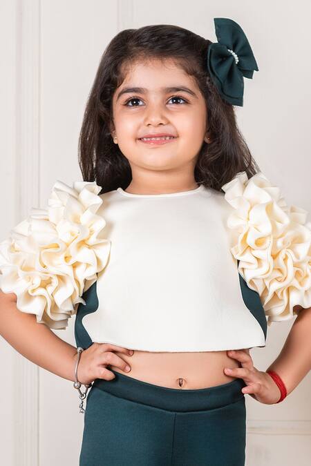 Shop Lil Angels Off White Polyester, Neoprene Frill Sleeve Top Pant Set Online at Aza Fashions Shop_Lil Angels_Off White Polyester, Neoprene Frill Sleeve Top Pant Set _Online_at_Aza_Fashions