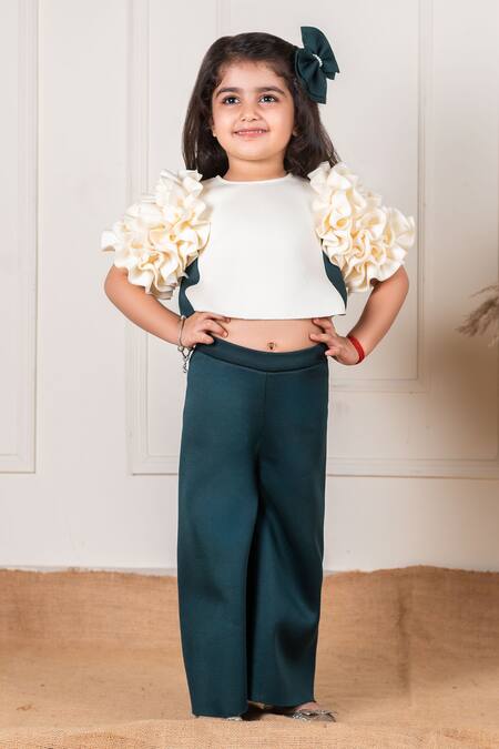 Lil Angels Off White Polyester, Neoprene Frill Sleeve Top Pant Set at Aza Fashions Lil Angels_Off White Polyester, Neoprene Frill Sleeve Top Pant Set _at_Aza_Fashions