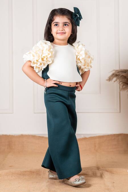 Buy Lil Angels Off White Polyester, Neoprene Frill Sleeve Top Pant Set Buy_Lil Angels_Off White Polyester, Neoprene Frill Sleeve Top Pant Set