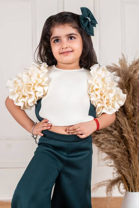 Shop Lil Angels Off White Polyester, Neoprene Frill Sleeve Top Pant Set Shop_Lil Angels_Off White Polyester, Neoprene Frill Sleeve Top Pant Set