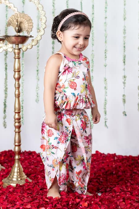 Lil Angels Multi Color Crepe Embroidery, Sequins, Floral Tulip Pattern Tunic With Dhoti Online at Aza Fashions Lil Angels_Multi Color Crepe Embroidery, Sequins, Floral Tulip Pattern Tunic With Dhoti _Online_at_Aza_Fashions