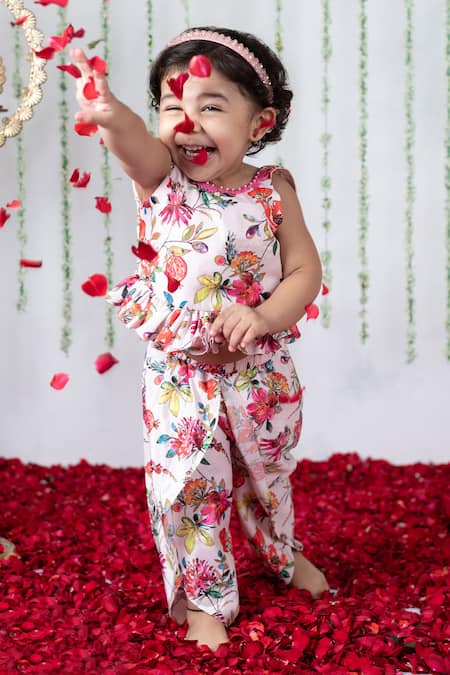 Lil Angels Multi Color Crepe Embroidery, Sequins, Floral Tulip Pattern Tunic With Dhoti at Aza Fashions Lil Angels_Multi Color Crepe Embroidery, Sequins, Floral Tulip Pattern Tunic With Dhoti _at_Aza_Fashions