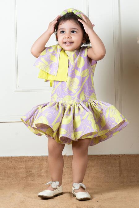 Buy Lil Angels Purple Muslin, Cotton Ruffles, Bows Floral Pattern Short Dress Online at Aza Fashions Buy_Lil Angels_Purple Muslin, Cotton Ruffles, Bows Floral Pattern Short Dress _Online_at_Aza_Fashions