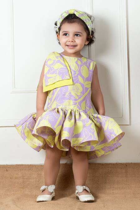 Shop Lil Angels Purple Muslin, Cotton Ruffles, Bows Floral Pattern Short Dress Online at Aza Fashions Shop_Lil Angels_Purple Muslin, Cotton Ruffles, Bows Floral Pattern Short Dress _Online_at_Aza_Fashions