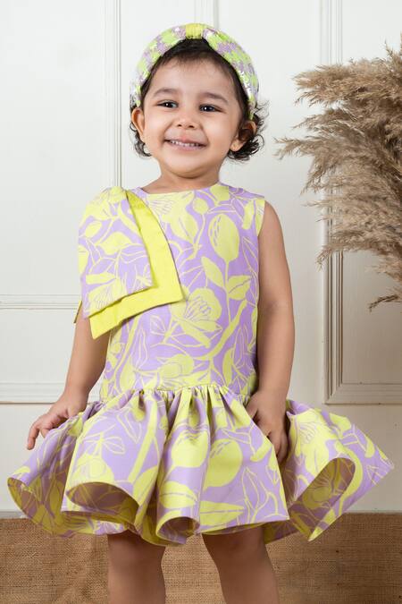 Buy Lil Angels Purple Muslin, Cotton Ruffles, Bows Floral Pattern Short Dress Buy_Lil Angels_Purple Muslin, Cotton Ruffles, Bows Floral Pattern Short Dress